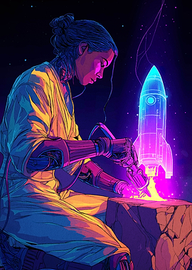 Cyberpunk Woman Building Neon Rocket