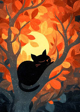 Black Cat Sleeping in Autumn Tree