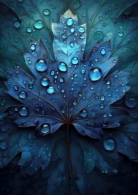 Blue Leaf with Water Droplets