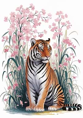 Tiger with Cherry Blossoms Illustration