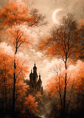 Autumnal Cathedral Under Crescent Moon