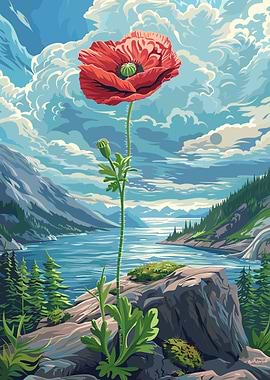 Red Poppy Flower Landscape Painting