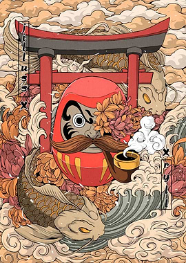 Daruma Doll with Koi and Torii Gate