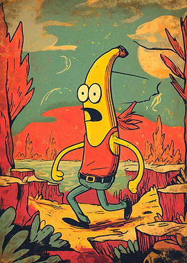 Cartoon Banana Running in Landscape