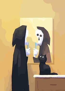 Death Brushing Teeth with Black Cat