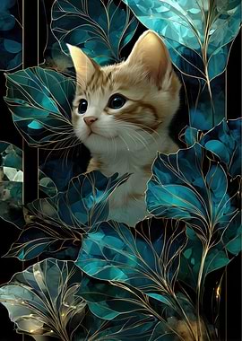 Kitten in Teal Floral Art