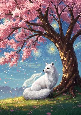 White Fox Under Cherry Blossom Tree