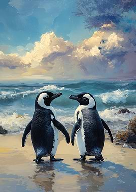 Two Penguins on a Beach Painting