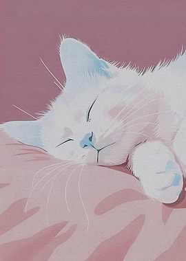 Sleeping White Cat on Pink Pillow
