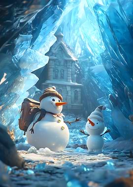 Snowmen in Ice Cave with Building