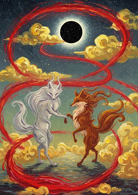 Foxes Under Eclipse with Red Ribbon