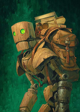 Wooden Robot with Backpack and Books