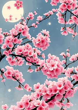 Pink Cherry Blossoms with Moon