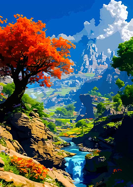 Vibrant Autumn Landscape with Waterfall