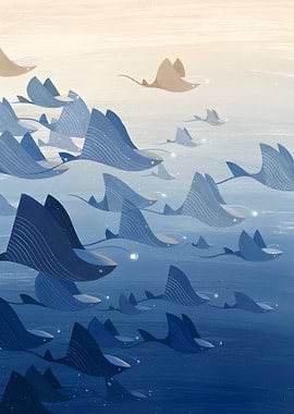 Flock of Stingrays in Blue Ocean