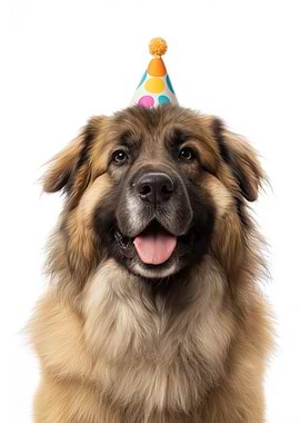 Leonberger Dog with Party Hat Portrait