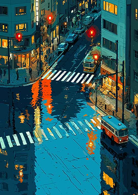 Rainy City Street with Buses