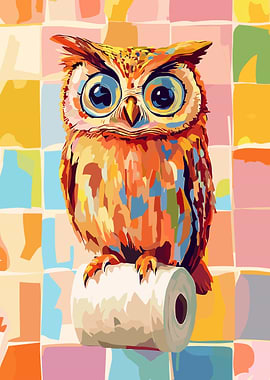 Colorful Owl Perched on Toilet Paper