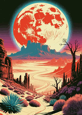 Desert Landscape with Red Moon