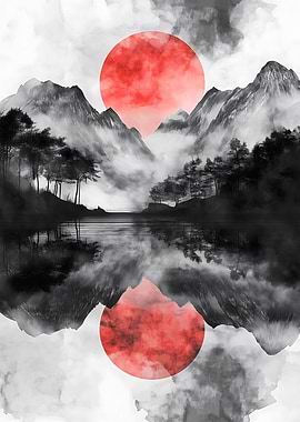 Mountain Landscape Red Sun