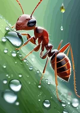 Ant on Leaf with Water Droplets