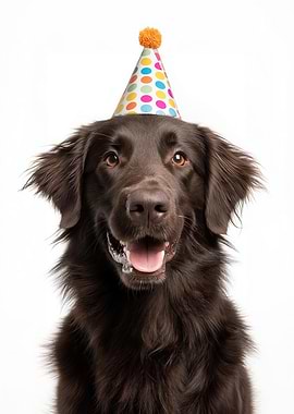 Flat-coated Retriever Dog with Birthday Hat