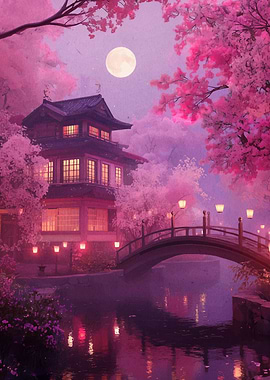 Japanese Pagoda with Cherry Blossoms