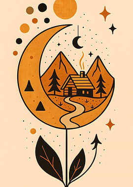 Boho Mountain Cabin Moon Art