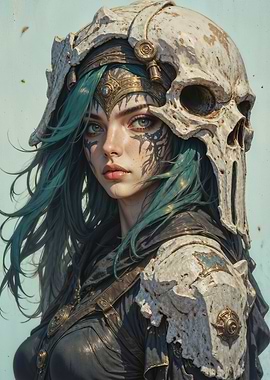 Mysterious Teal-Haired Warrior Priestess with Intricate Skull Headdress: A Dark Fantasy Portrait