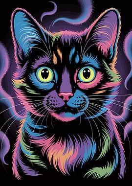 Colorful Cat Portrait on Black Background