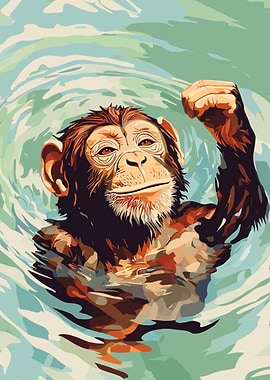Monkey Swimming in Water Digital Art