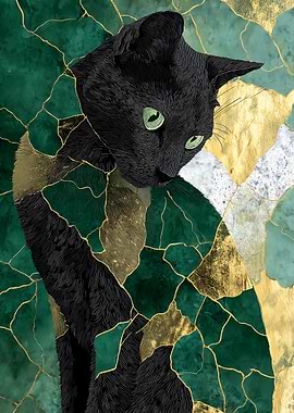 Black Cat Emerald and Gold Art