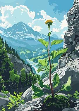 Mountain Landscape with Flower