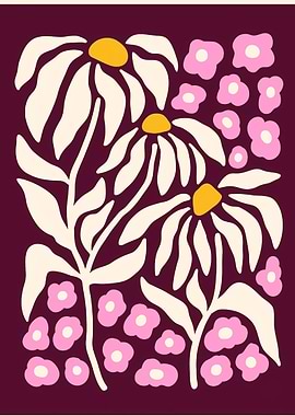 Floral Illustration with Daisies and Pink Flowers