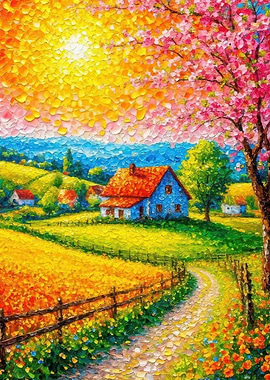 Impressionistic Countryside Landscape with Blue House