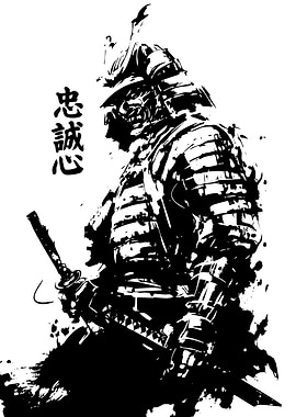 Samurai Warrior Black and White Illustration