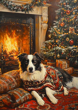 Border Collie in Christmas Sweater by Fireplace | | Christmas Dog Wall Art