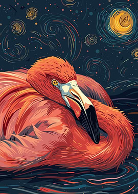 Flamingo in Starry Night Art