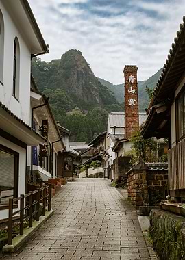 Traditional Japanese Street with Mountain Backdrop