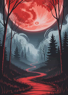 Red Moonlit Forest Path