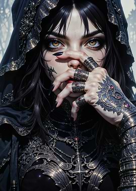 Enigmatic Shadow Weaver: Goth Sorceress with Golden Eyes and Dark Mystical Armor