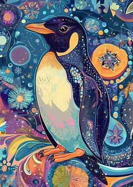 Psychedelic Blue Penguin on a Tree Branch – Surreal Nature Art