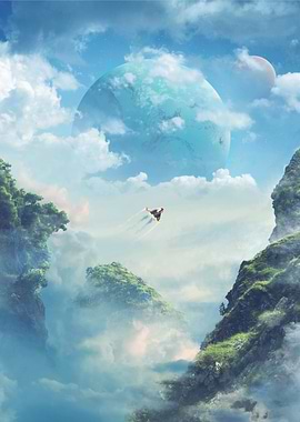 Spacecraft Flying Through Cloudy Alien Landscape