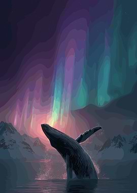 Whale breaching under Aurora Borealis