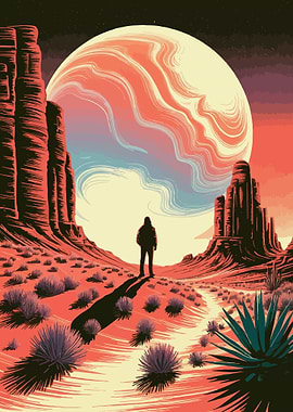Desert Wanderer Under a Giant Moon