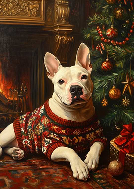 Bull Terrier in Sweater | Dog by Fireplace