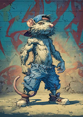 Anthropomorphic Rat with Cap and Jeans