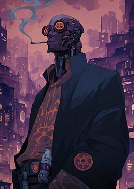 Cyberpunk Robot Smoker in Cityscape