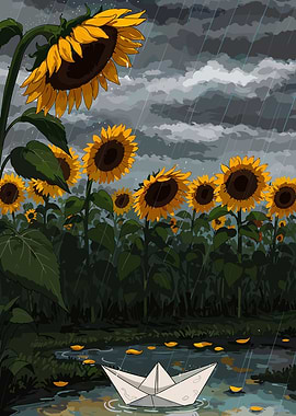 Sunflowers in the Rain with Paper Boat