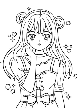Anime Girl Line Art with Bear Ears